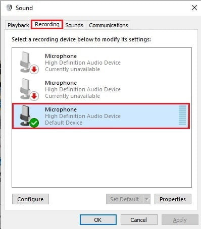 Cửa sổ Sound trong Windows 10