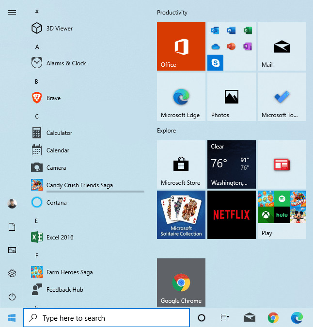 Menu Start Windows 10 20H2